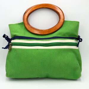 Vintage Banner House Green Canvas Tote Wooden Handle USA Made Mod 60s 70s